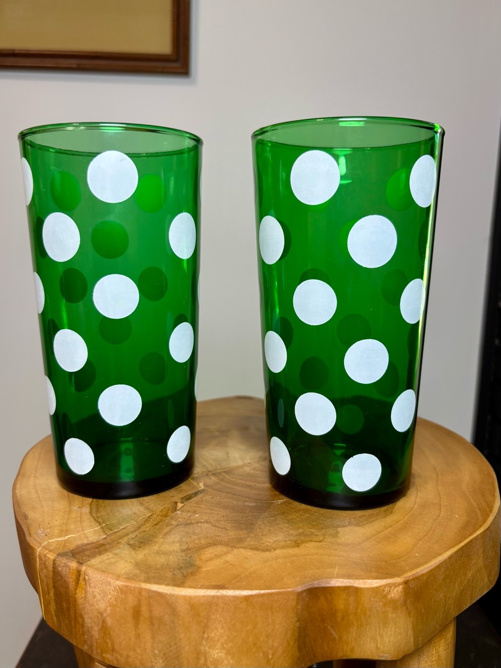 Vintage Forest Green Polka Dot Glass Tumblers - Anchor Hocking Fire-King
